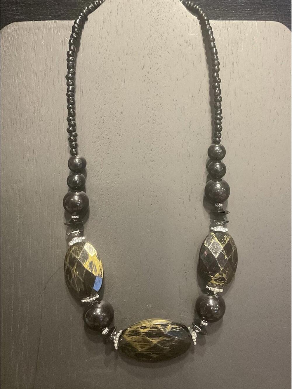 Black Beaded Necklace W/ Silver Tone Chain # 265